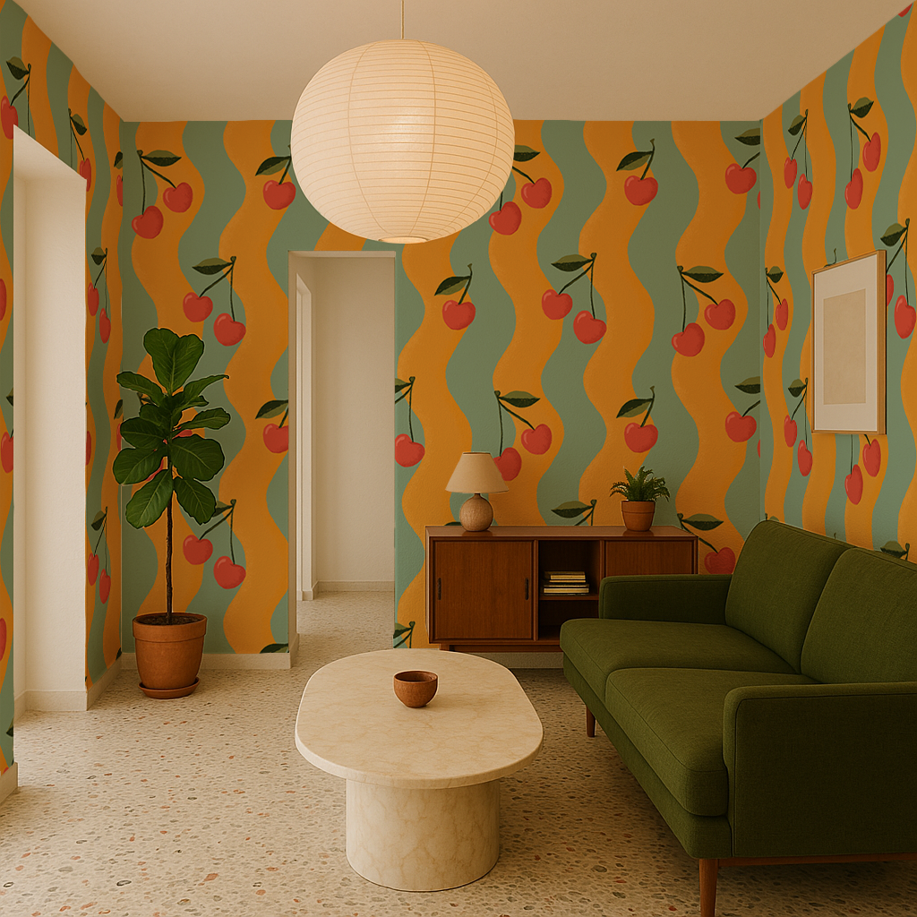 Wavy Cherry Wallpaper, yellow and teal - Tampa Home & Garden Store