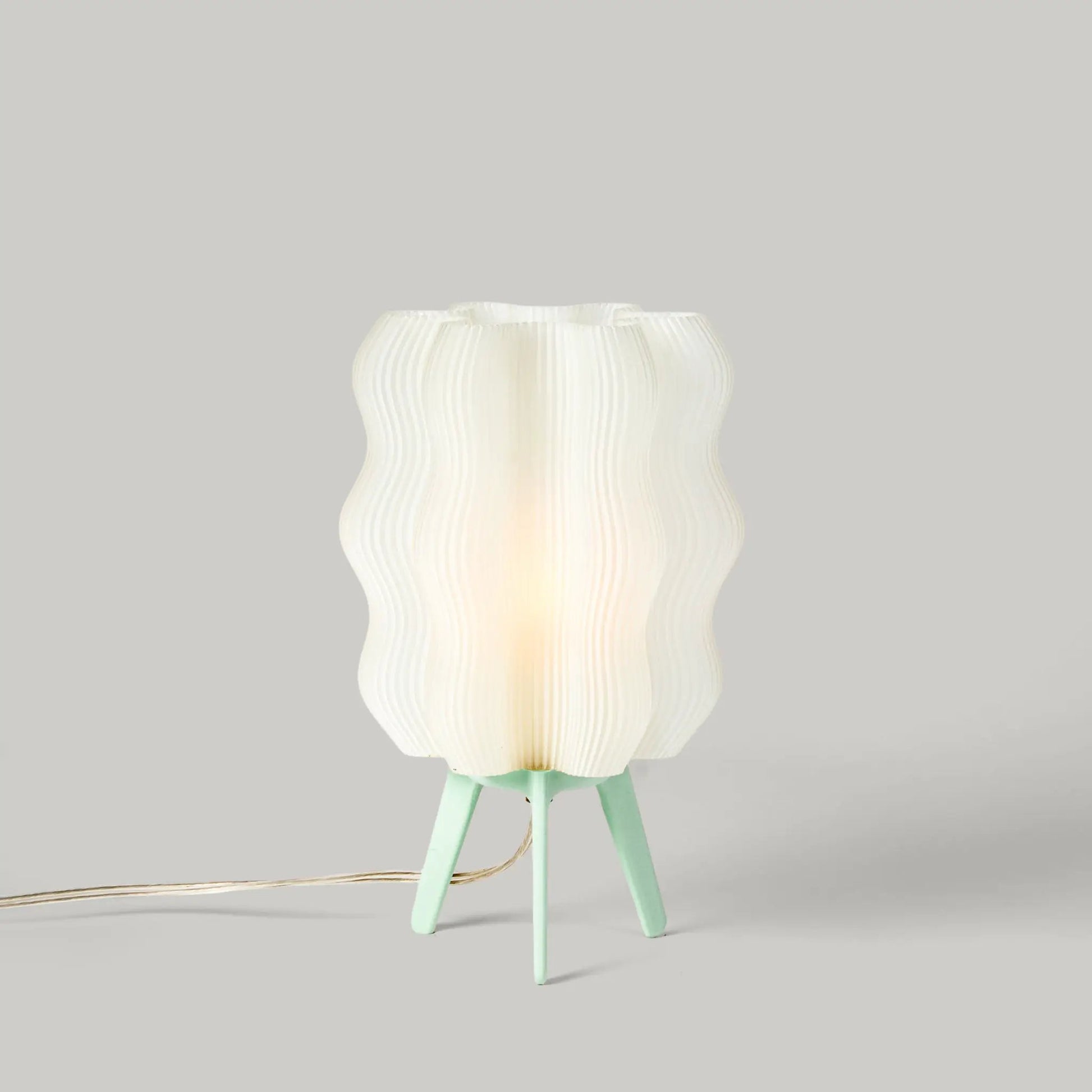 Eco Friendly Wavy Jellyfish Desk Light by Wooj Design, white ribbed shade on mint base on Tampa Home & Garden Store