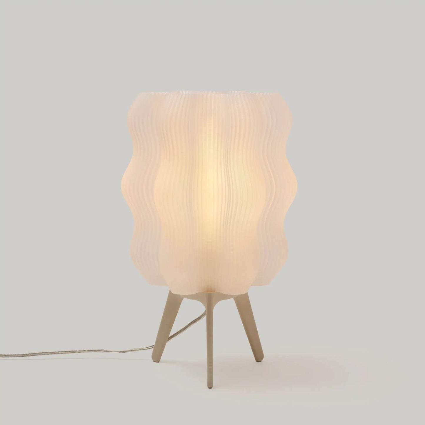 Eco Friendly Wavy Jellyfish Desk Light by Wooj Design; beige ribbed shade, wooden tripod base on Tampa Home & Garden Store