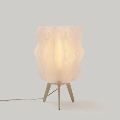 Eco Friendly Wavy Jellyfish Desk Light by Wooj Design; beige ribbed shade, wooden tripod base on Tampa Home & Garden Store