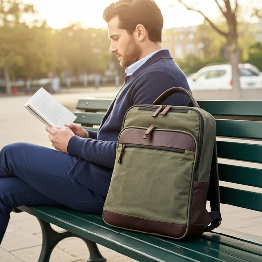 Maxwell 16in waxed canvas & leather laptop backpack olive green with leather accents on bench on Tampa Home & Garden Store