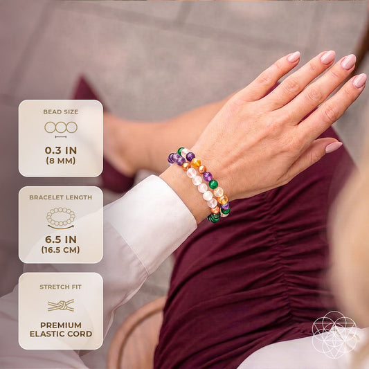 Wealth Manifestation Crystal Quartet Bracelet Set four stacked beaded bracelets on wrist on Tampa Home & Garden Store