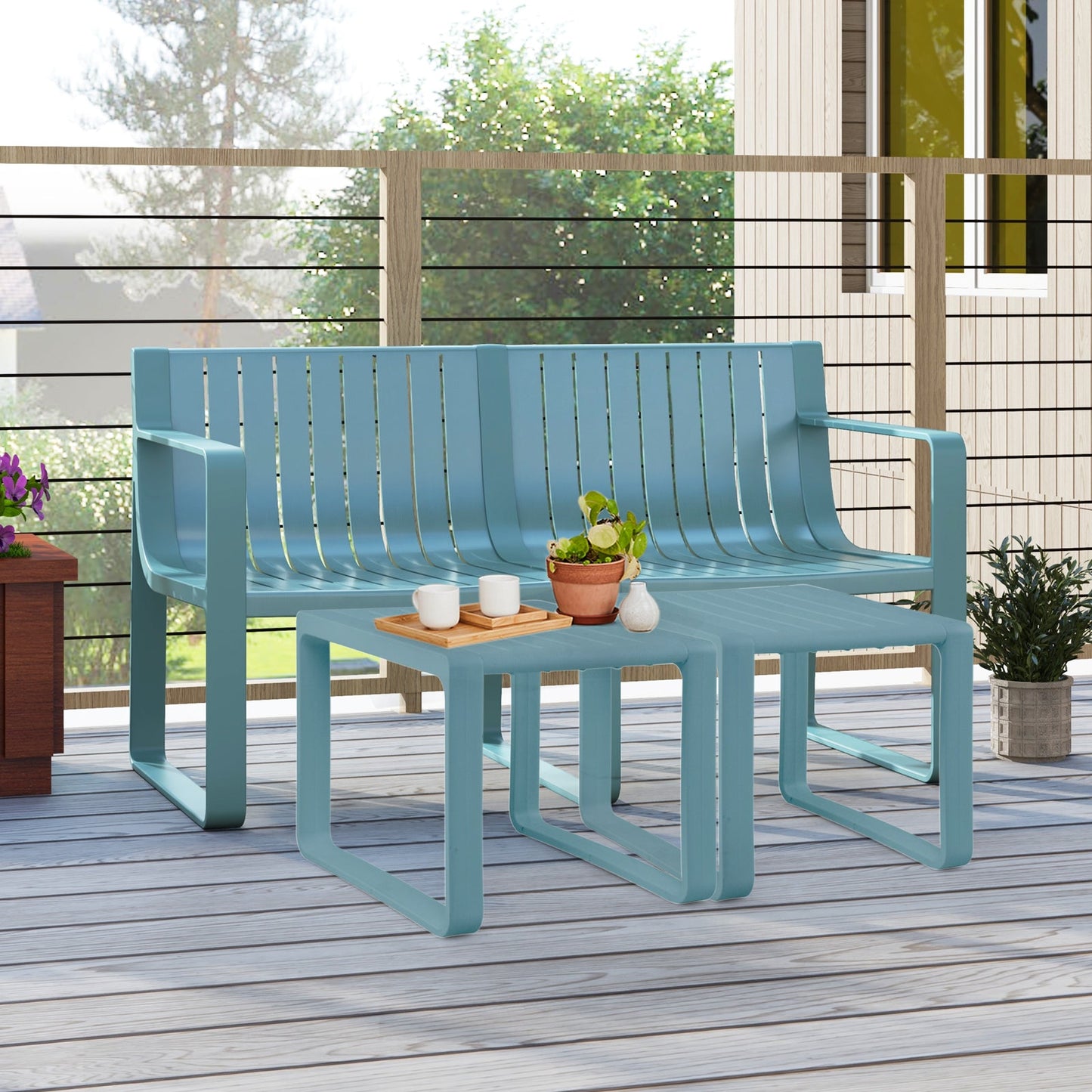 Weather-resistant Plastic 2-Person Bench with Curved Backrest-Blue - Tampa Home & Garden Store