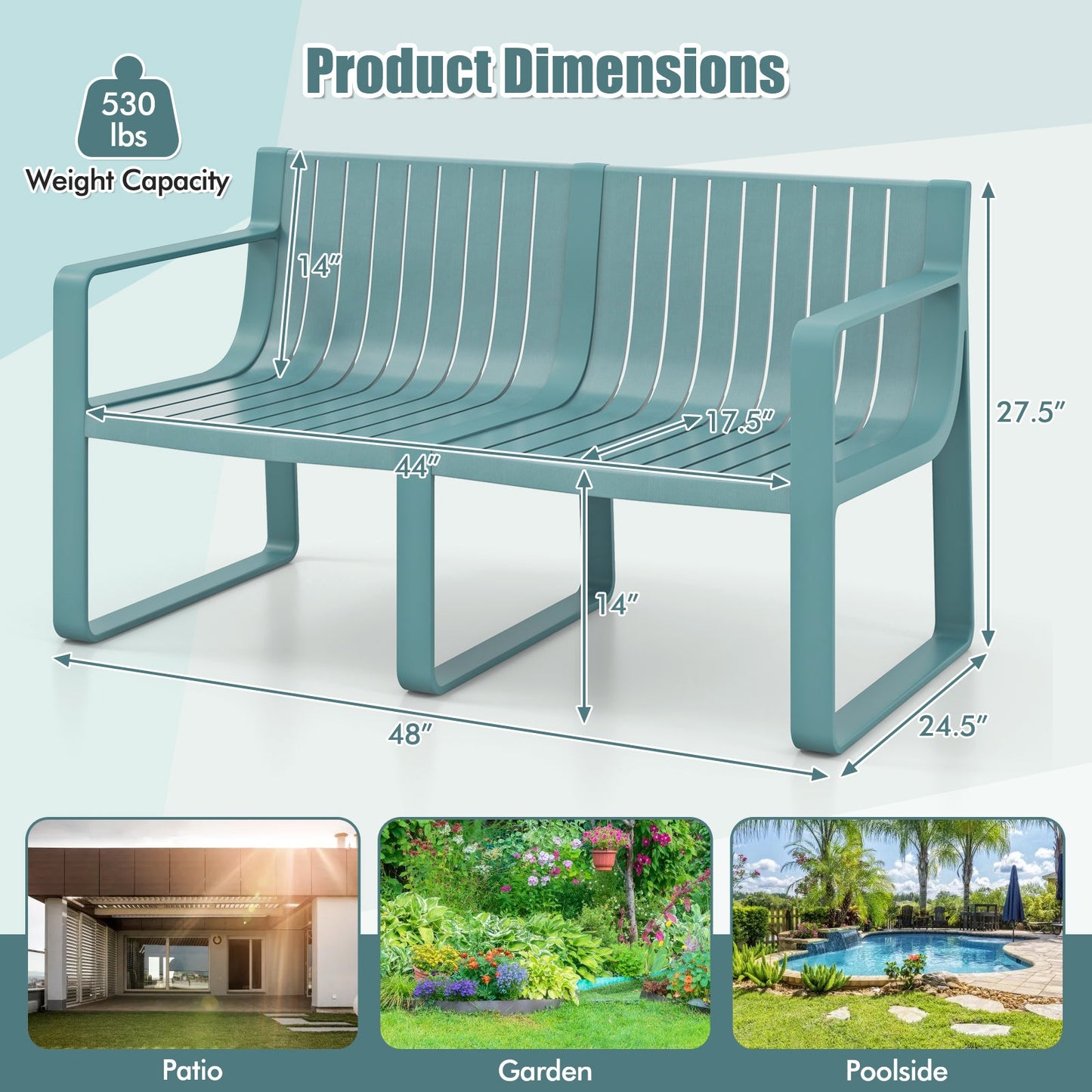 Weather-resistant Plastic 2-Person Bench with Curved Backrest-Blue - Tampa Home & Garden Store