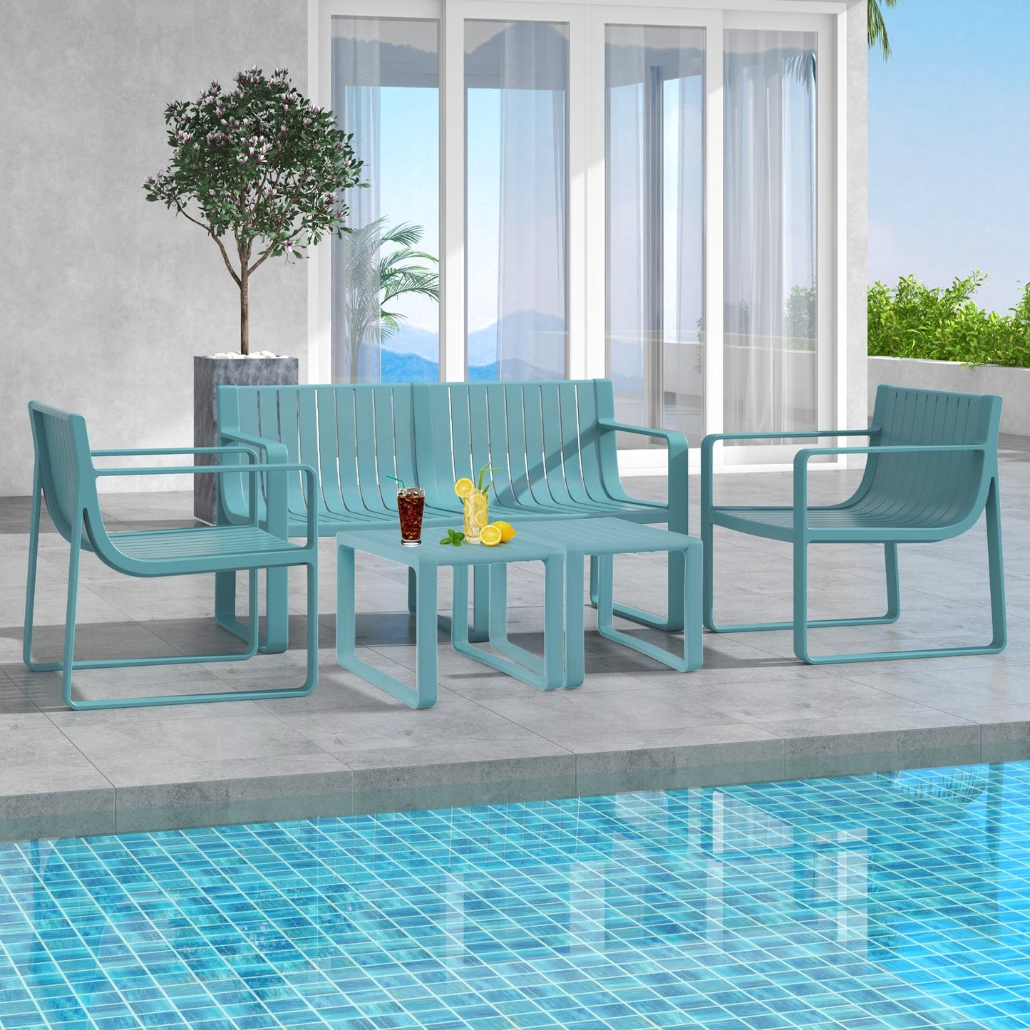 Weather-resistant Plastic 2-Person Bench with Curved Backrest-Blue - Tampa Home & Garden Store