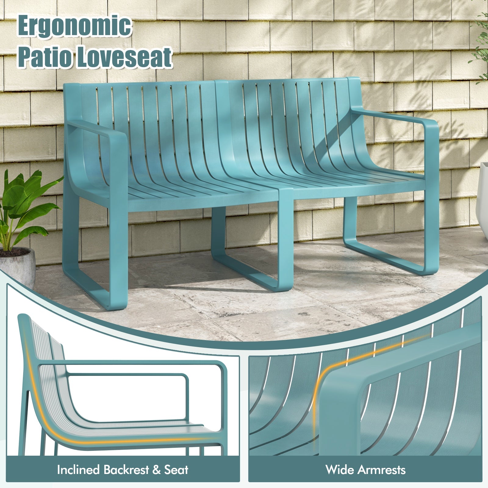 Weather-resistant Plastic 2-Person Bench with Curved Backrest-Blue - Tampa Home & Garden Store