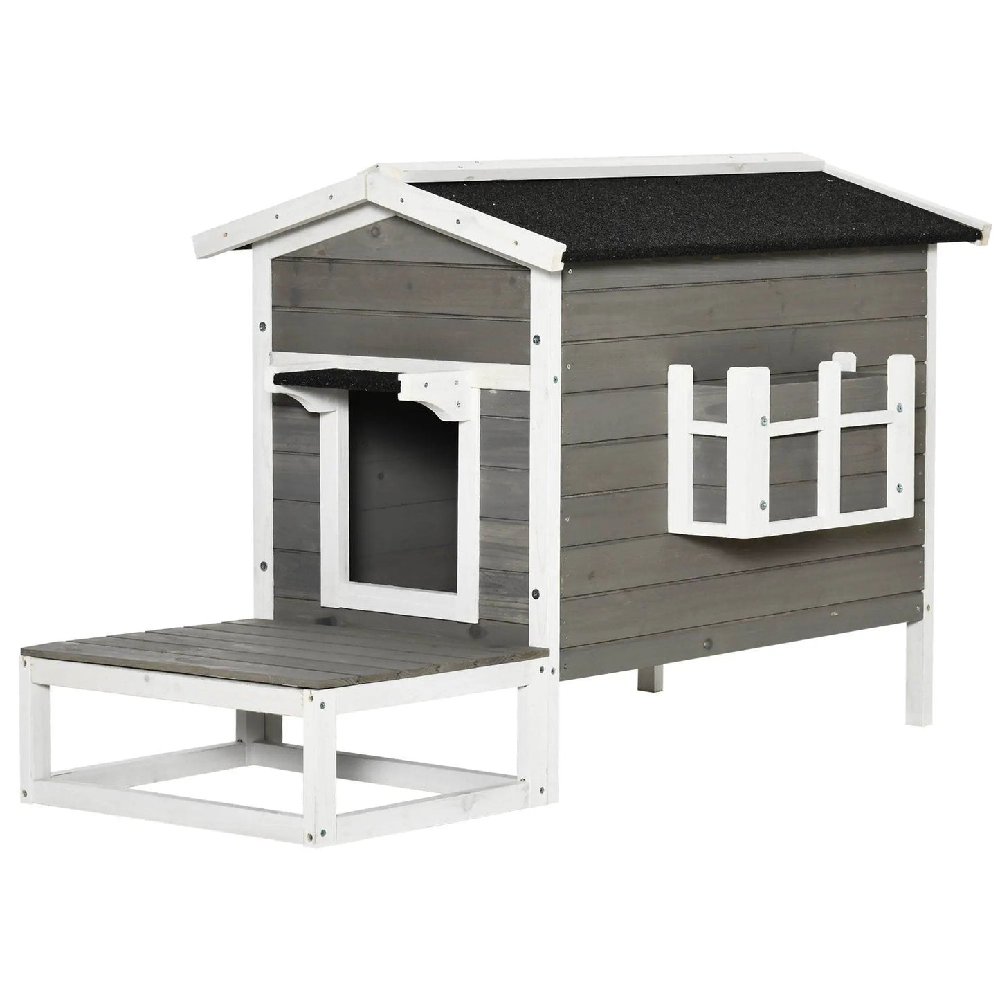 Weatherproof Outdoor Cat House with Porch & Escape Door - Feral Cat Shelter with Plant Stand | Dark Grey/White Wood Construction - Tampa Home & Garden Store