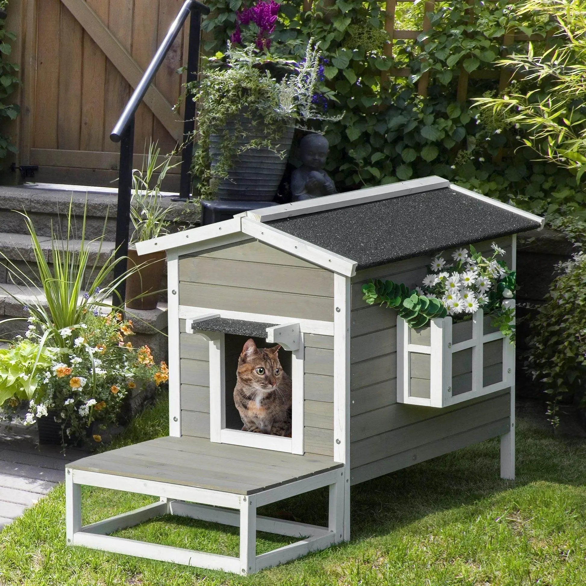 Weatherproof Outdoor Cat House with Porch & Escape Door - Feral Cat Shelter with Plant Stand | Dark Grey/White Wood Construction - Tampa Home & Garden Store