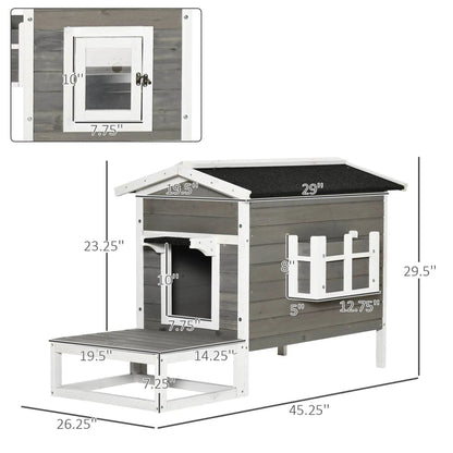 Weatherproof Outdoor Cat House with Porch & Escape Door - Feral Cat Shelter with Plant Stand | Dark Grey/White Wood Construction - Tampa Home & Garden Store