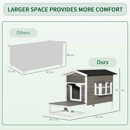 Weatherproof Outdoor Cat House with Porch & Escape Door - Feral Cat Shelter with Plant Stand | Dark Grey/White Wood Construction - Tampa Home & Garden Store