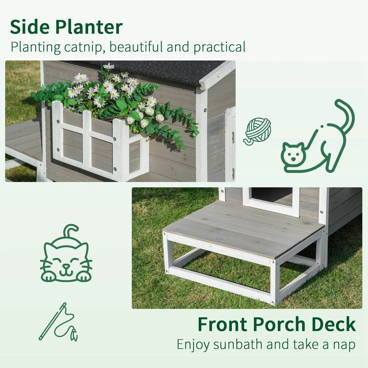 Weatherproof Outdoor Cat House with Porch & Escape Door - Feral Cat Shelter with Plant Stand | Dark Grey/White Wood Construction - Tampa Home & Garden Store