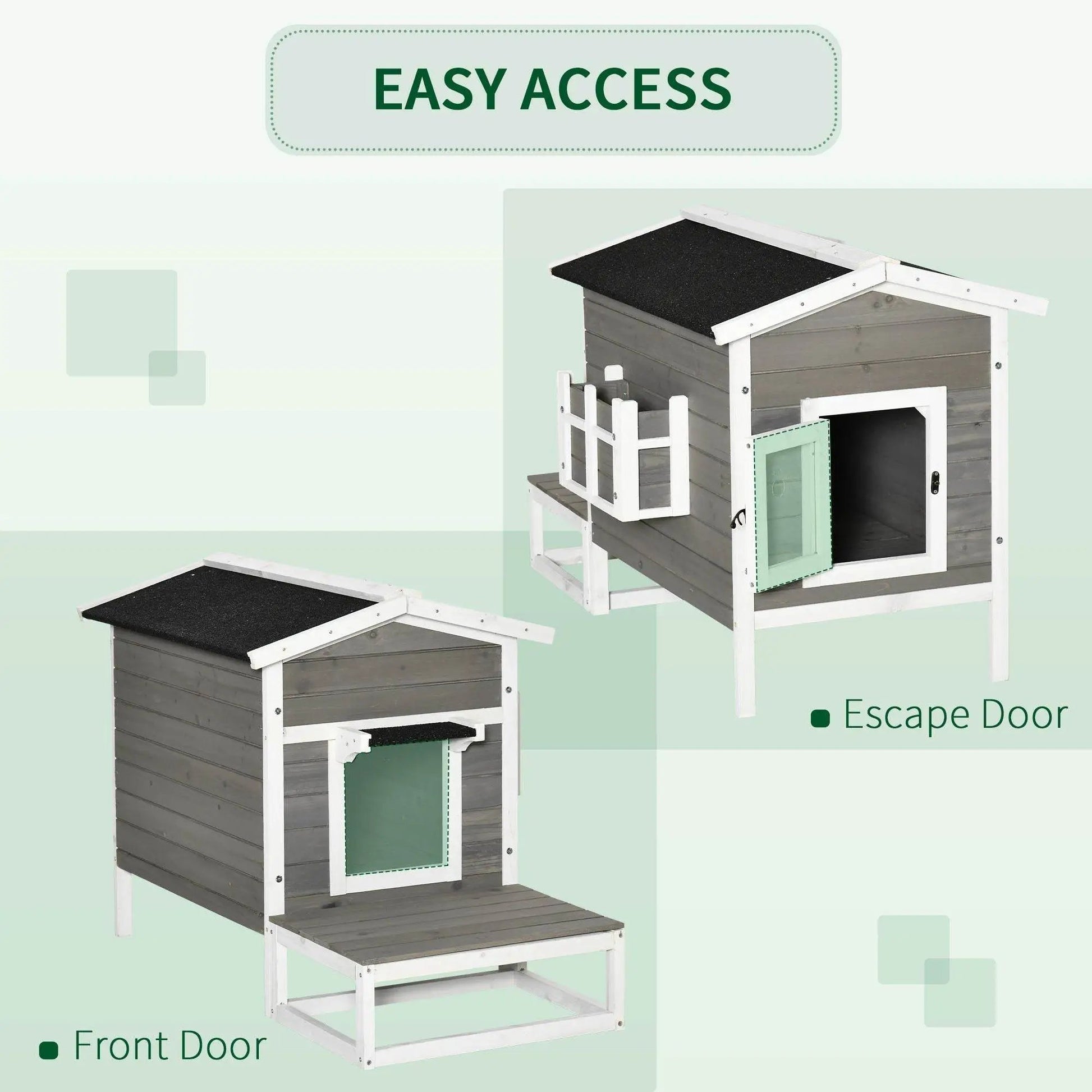 Weatherproof Outdoor Cat House with Porch & Escape Door - Feral Cat Shelter with Plant Stand | Dark Grey/White Wood Construction - Tampa Home & Garden Store