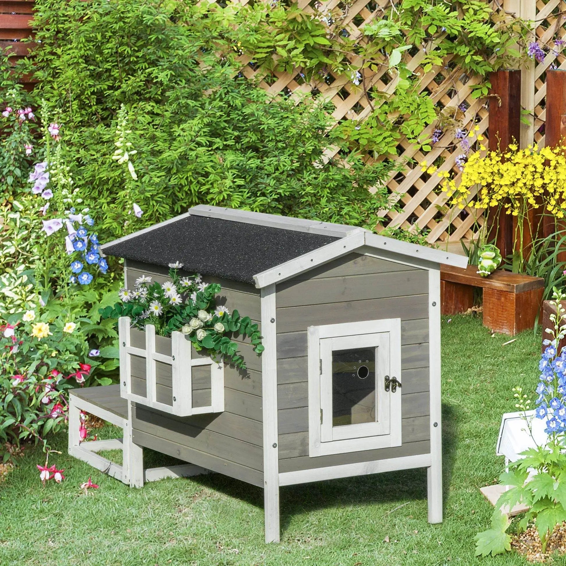 Weatherproof Outdoor Cat House with Porch & Escape Door - Feral Cat Shelter with Plant Stand | Dark Grey/White Wood Construction - Tampa Home & Garden Store