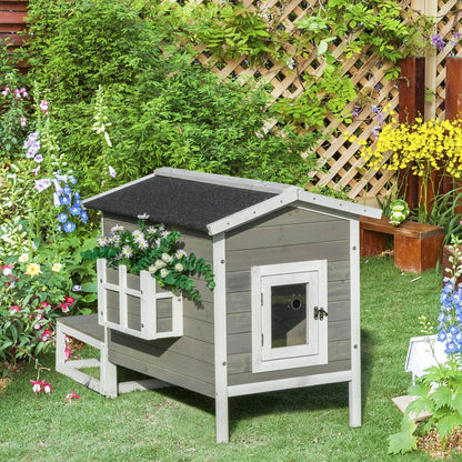 Weatherproof Outdoor Cat House with Porch & Escape Door - Feral Cat Shelter with Plant Stand | Dark Grey/White Wood Construction - Tampa Home & Garden Store