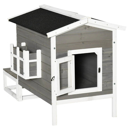 Weatherproof Outdoor Cat House with Porch & Escape Door - Feral Cat Shelter with Plant Stand | Dark Grey/White Wood Construction - Tampa Home & Garden Store