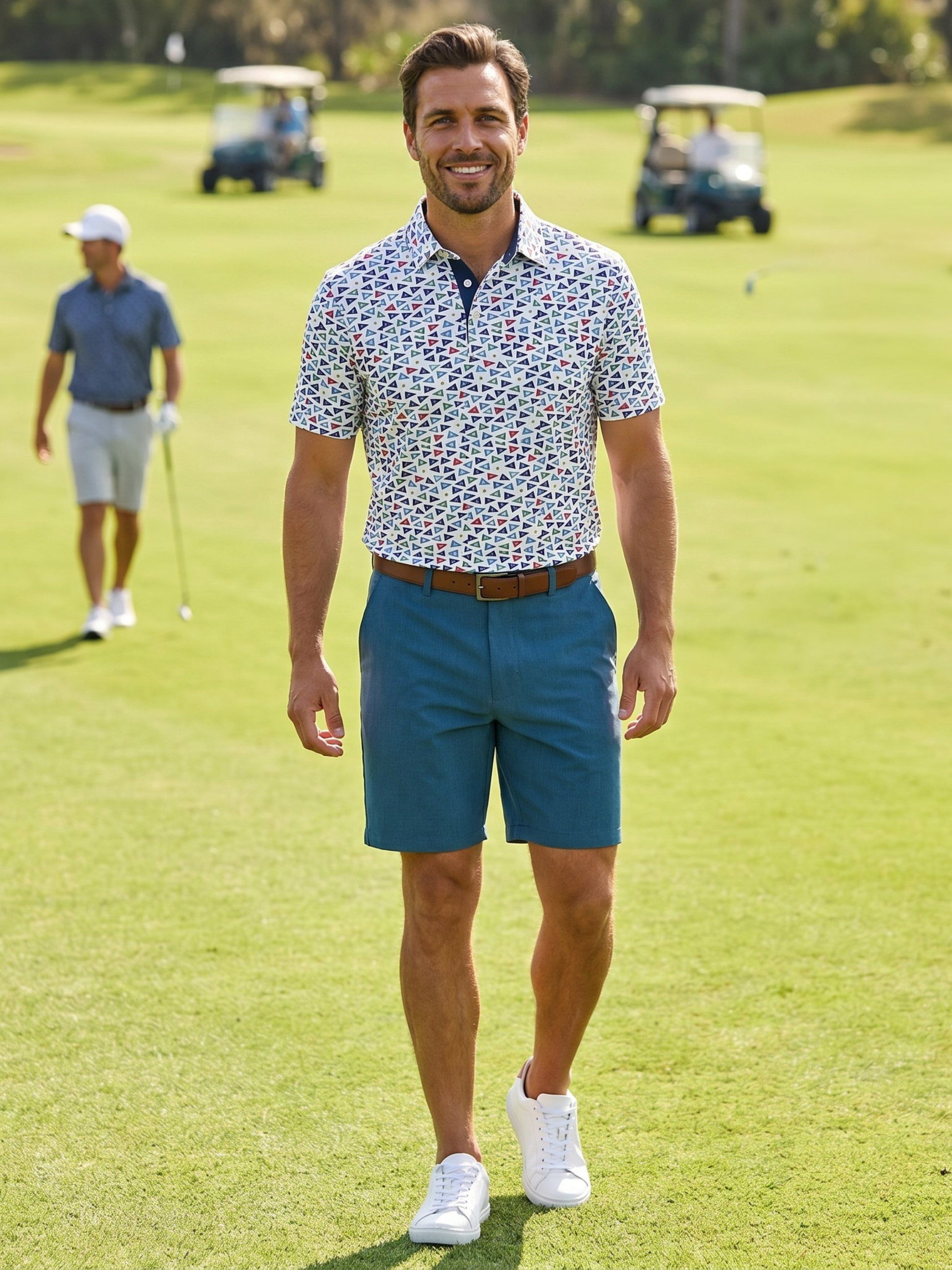Bayport Lightweight Shorts teal worn by man on golf course; White Water Life on Tampa Home & Garden Store