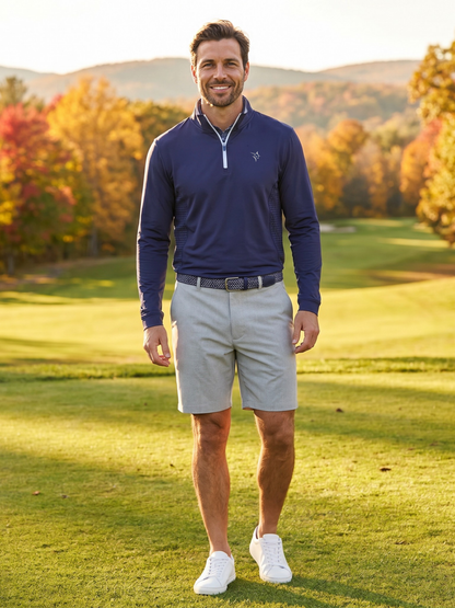 Bayport Lightweight Shorts by White Water Life in light gray on a sunlit golf course on Tampa Home & Garden Store