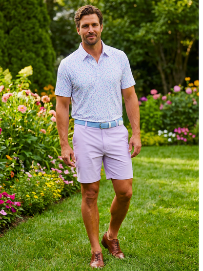 Mermaid Polo shirt by White Water Life in light blue with lavender mermaid-scale print on Tampa Home & Garden Store