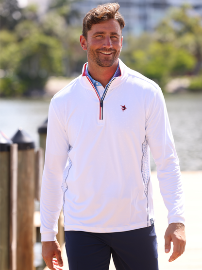 Monterey Performance Quarter Zip white long-sleeve top by White Water Life with red zipper trim on Tampa Home & Garden Store
