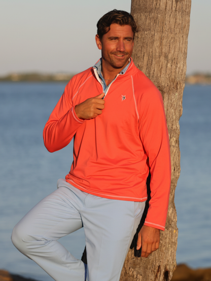 New Harbor Quarter Zip Effortless Comfort coral athletic top by White Water Life with white piping on Tampa Home & Garden Store
