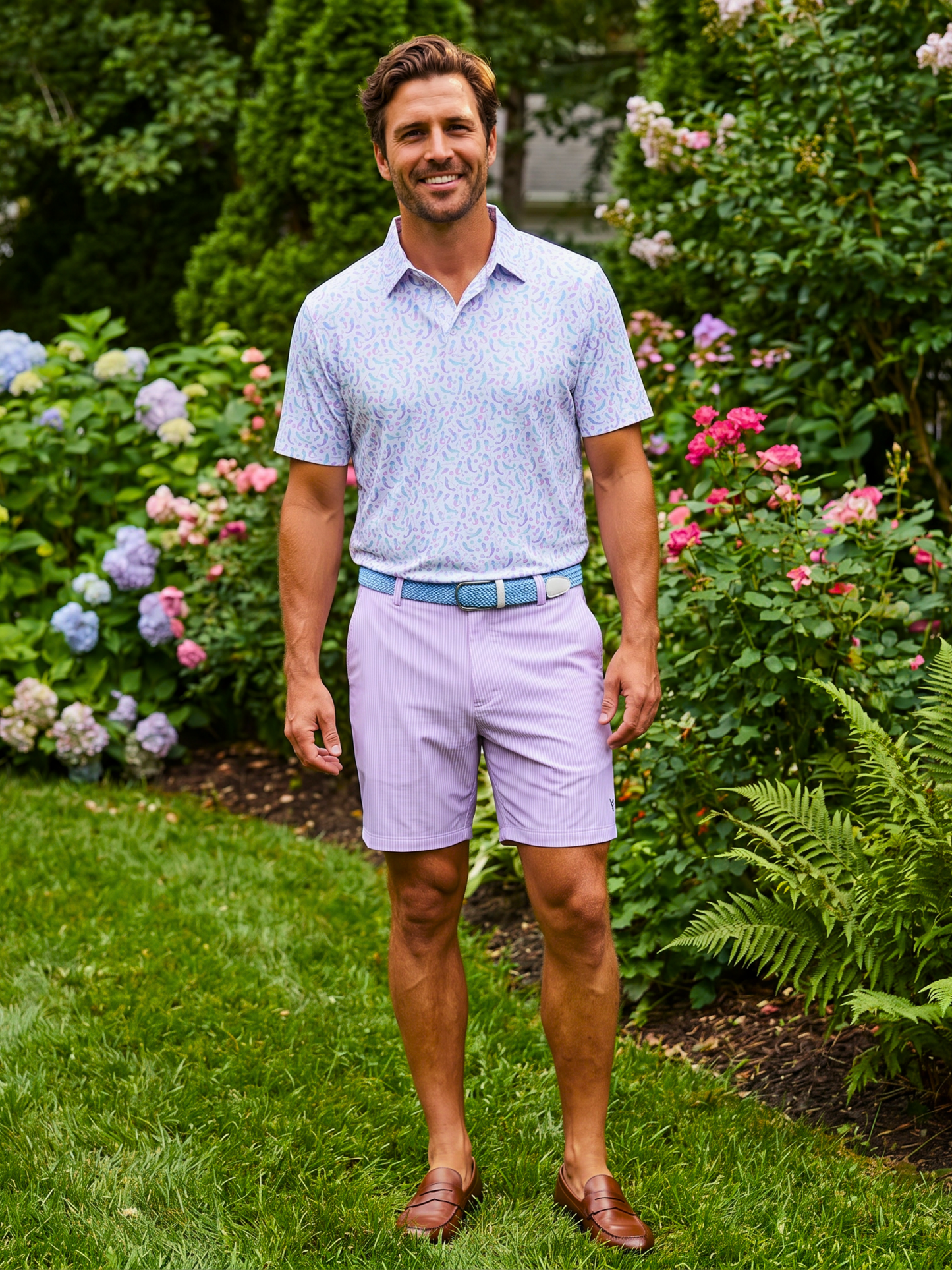 Mermaid Polo by White Water Life, lavender patterned short-sleeve polo on Tampa Home & Garden Store