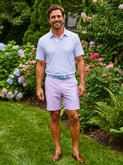 Mermaid Polo by White Water Life, lavender patterned short-sleeve polo on Tampa Home & Garden Store