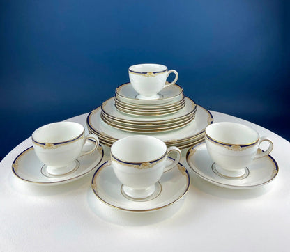 Wedgewood Cavendish 20-piece cups and saucers set with gold trim and cobalt blue accents on Tampa Home & Garden Store