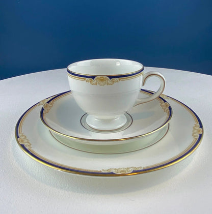 Wedgewood Cavendish teacup, saucer and plate set with blue and gold trim on white porcelain on Tampa Home & Garden Store