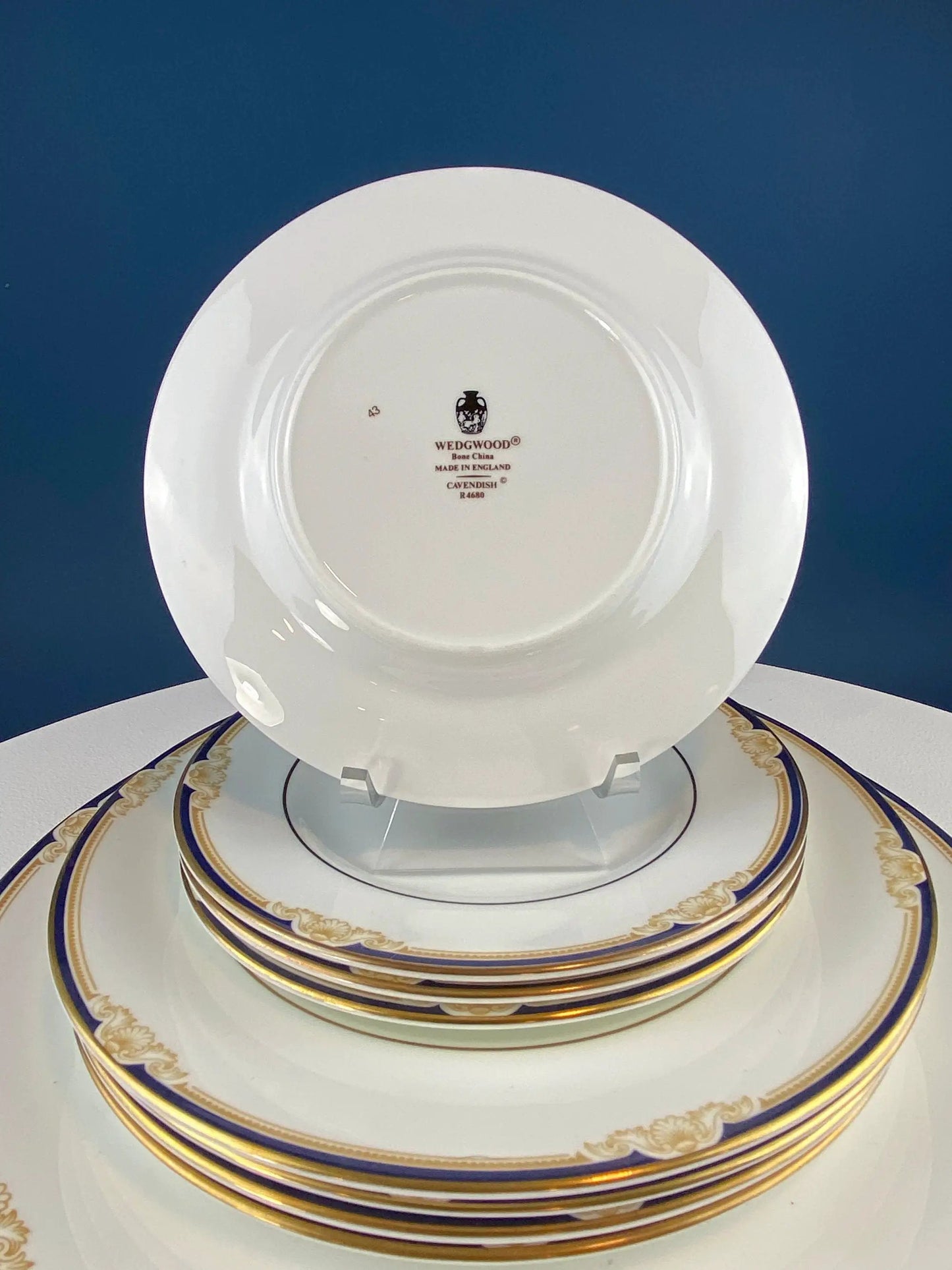 Wedgwood Cavendish bone china plates with blue and gold rim backstamp visible on Tampa Home & Garden Store