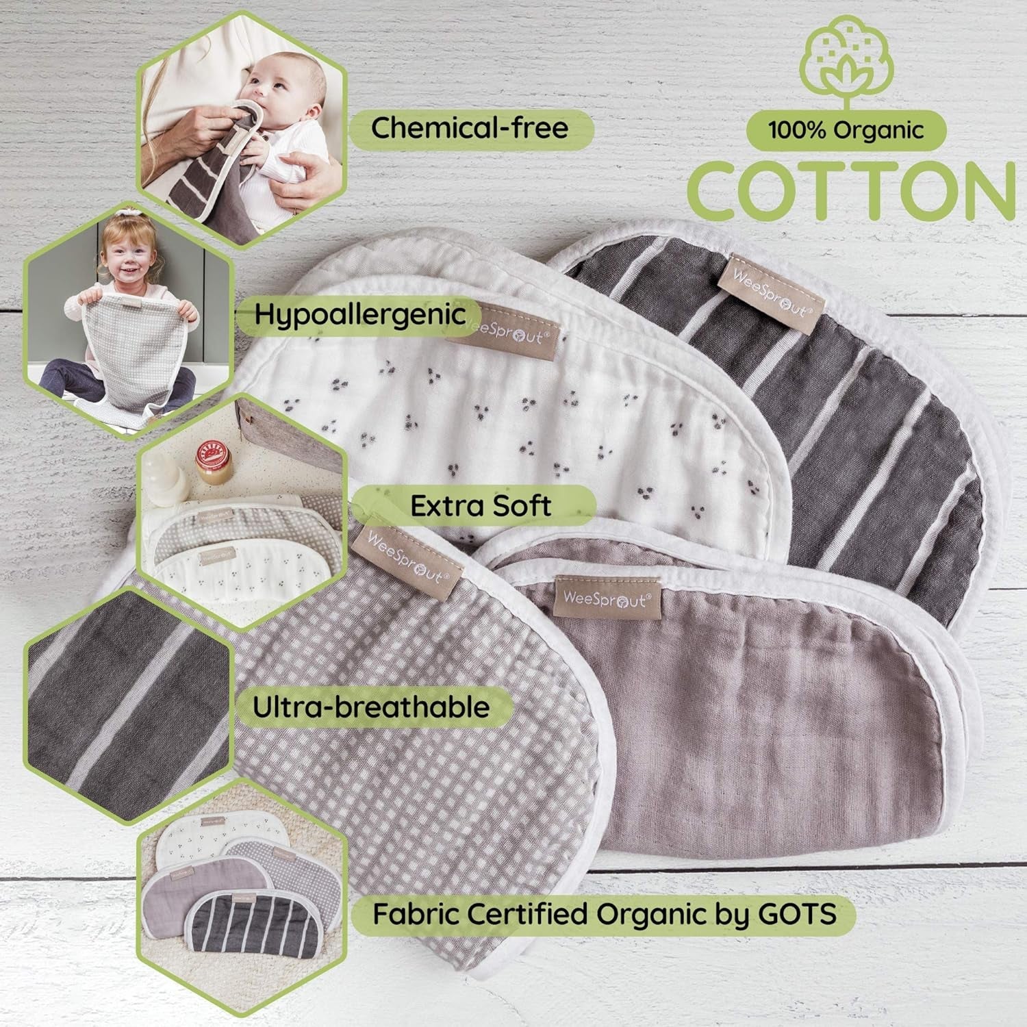 WeeSprout 100% Organic Cotton Burp Cloths — Ultra-Absorbent, Multi-Functional & Gentle on Baby’s Skin - Tampa Home & Garden Store