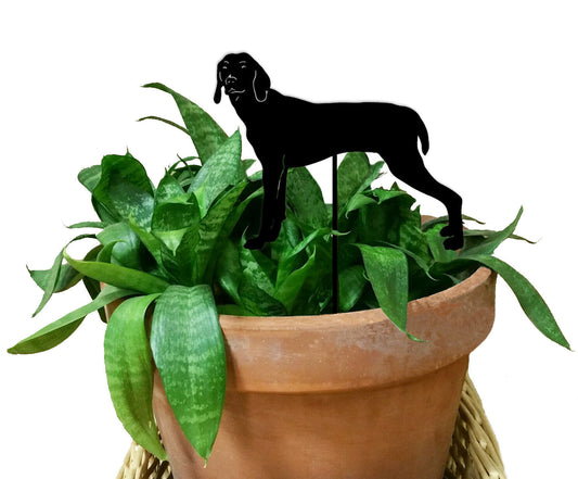 Weimaraner plant stake silhouette black metal atop a pot with green leaves Rustica Ornamentals on Tampa Home & Garden Store