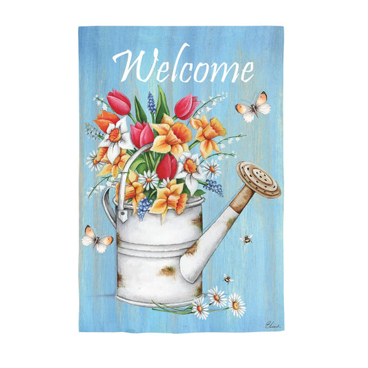 Welcome Flowers Suede Garden Flag blue backdrop bouquet butterflies Evergreen Enterprises on Tampa Home & Garden Store