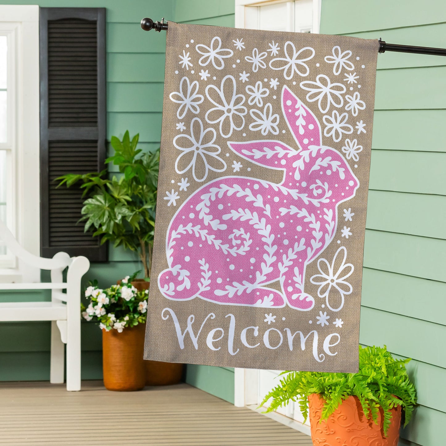 Welcome Leaf Pattern Bunny Burlap House Flag - Tampa Home & Garden Store