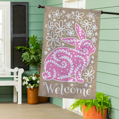 Welcome Leaf Pattern Bunny Burlap House Flag - Tampa Home & Garden Store