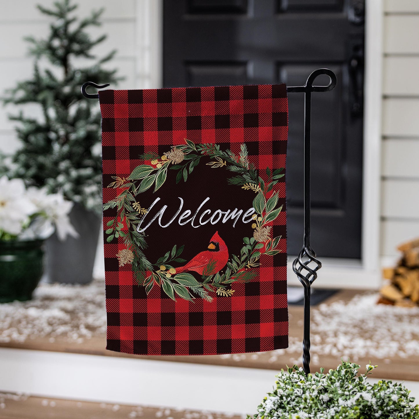 Welcoming Cardinal Wreath Burlap Flag - Tampa Home & Garden Store