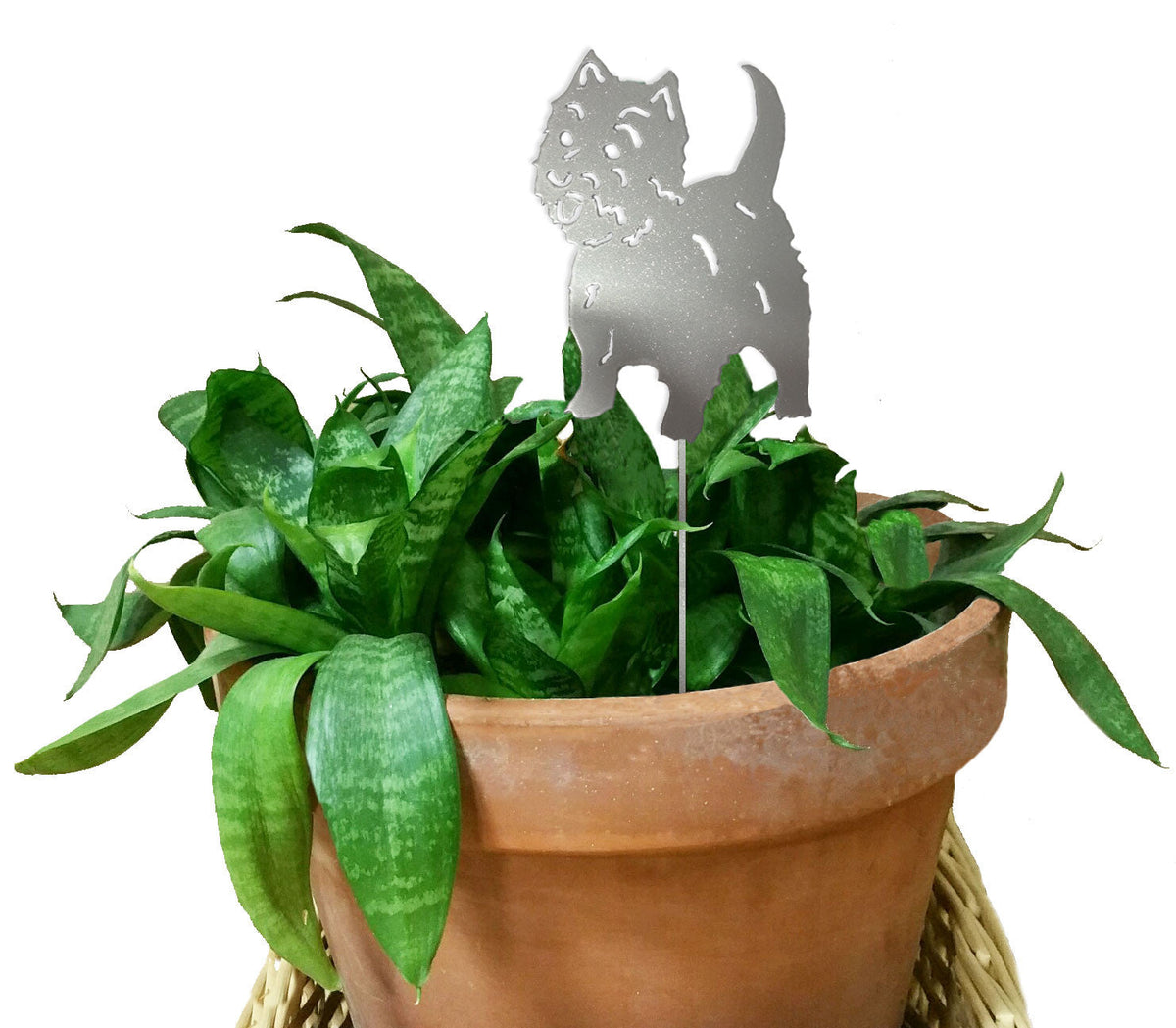 West Highland Terrier plant stake silver metal silhouette Rustica Ornamentals decor on Tampa Home & Garden Store