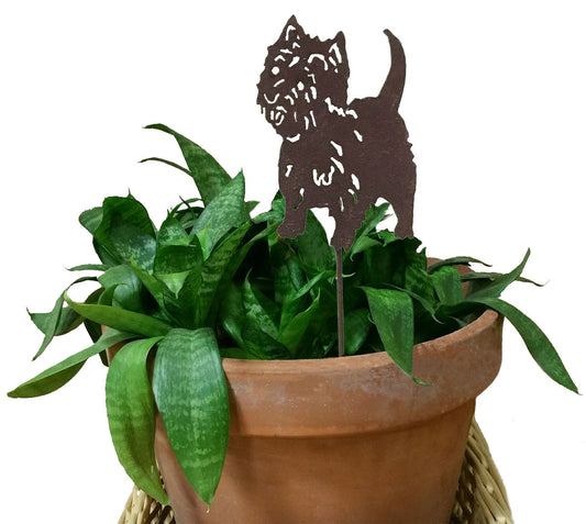 West Highland Terrier plant stake by Rustica Ornamentals, metal silhouette in terracotta pot on Tampa Home & Garden Store