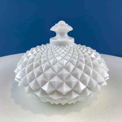 Milk glass candy bowl with lid in white hobnail pattern on Tampa Home & Garden Store