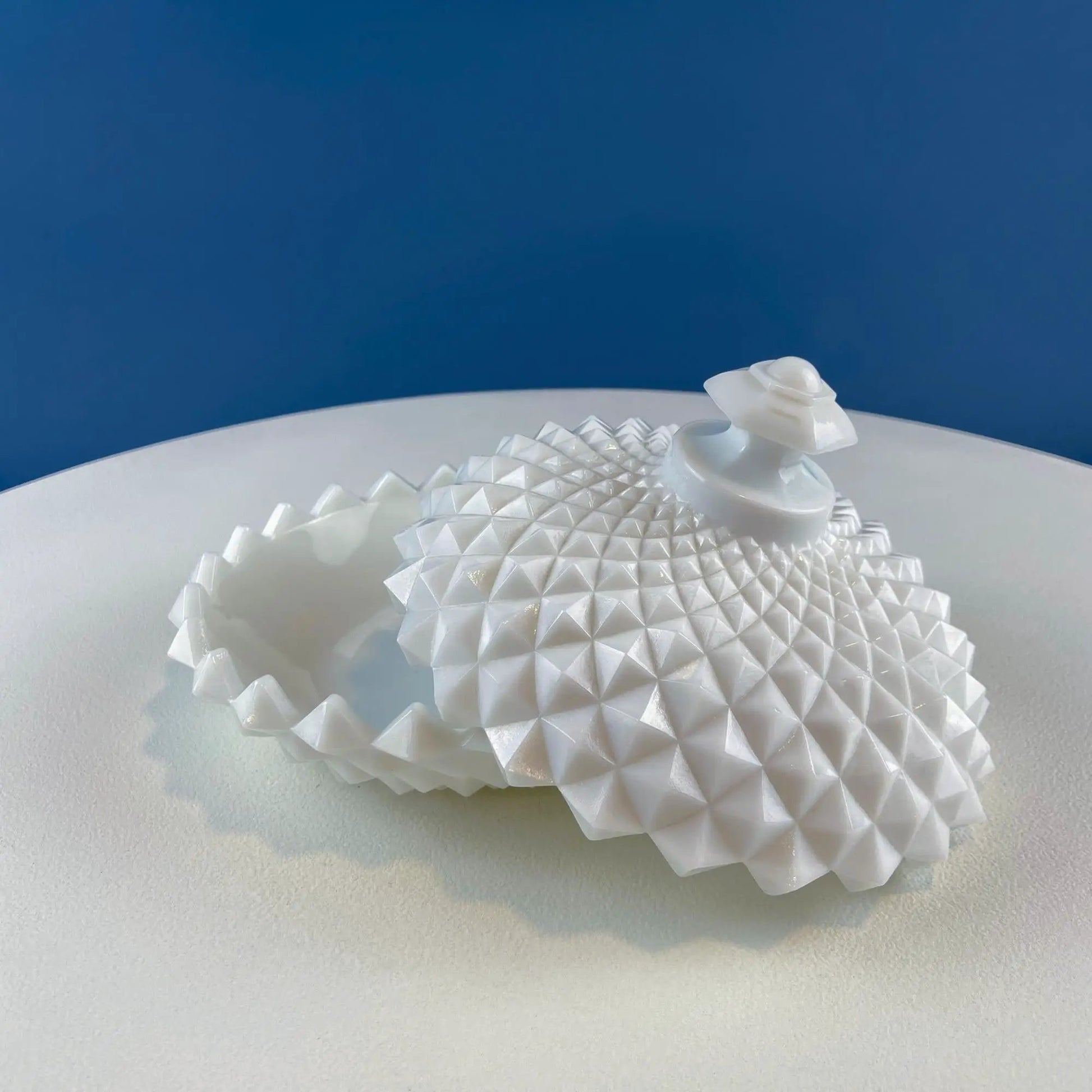 Milk glass candy bowl with lid, white diamond hobnail texture on Tampa Home & Garden Store