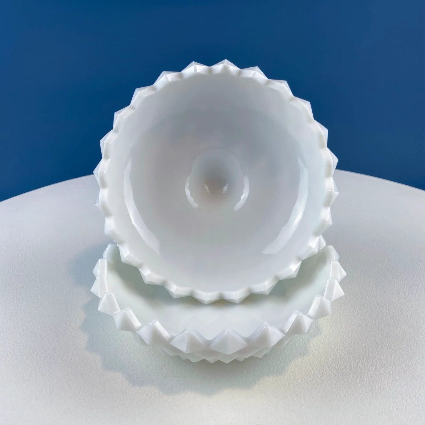 Westmoreland milk glass candy bowl with lid, scalloped edge, decorative dresser storage on Tampa Home & Garden Store