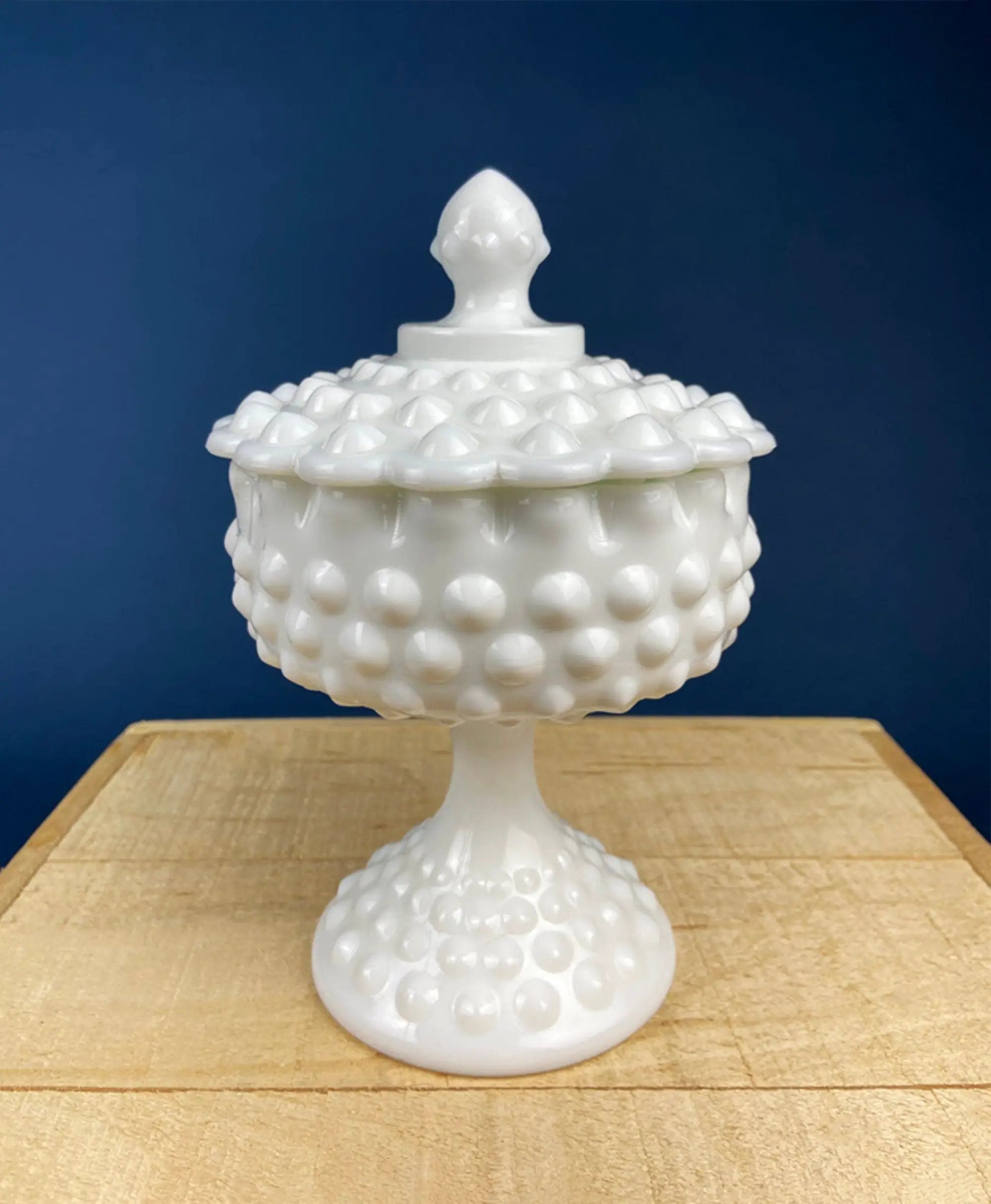 Westmoreland milk glass candy bowl with lid in hobnail pattern, white pedestal base pair on Tampa Home & Garden Store