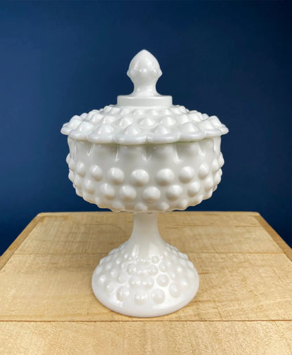 Westmoreland milk glass candy bowl with lid in hobnail pattern, white pedestal base pair on Tampa Home & Garden Store