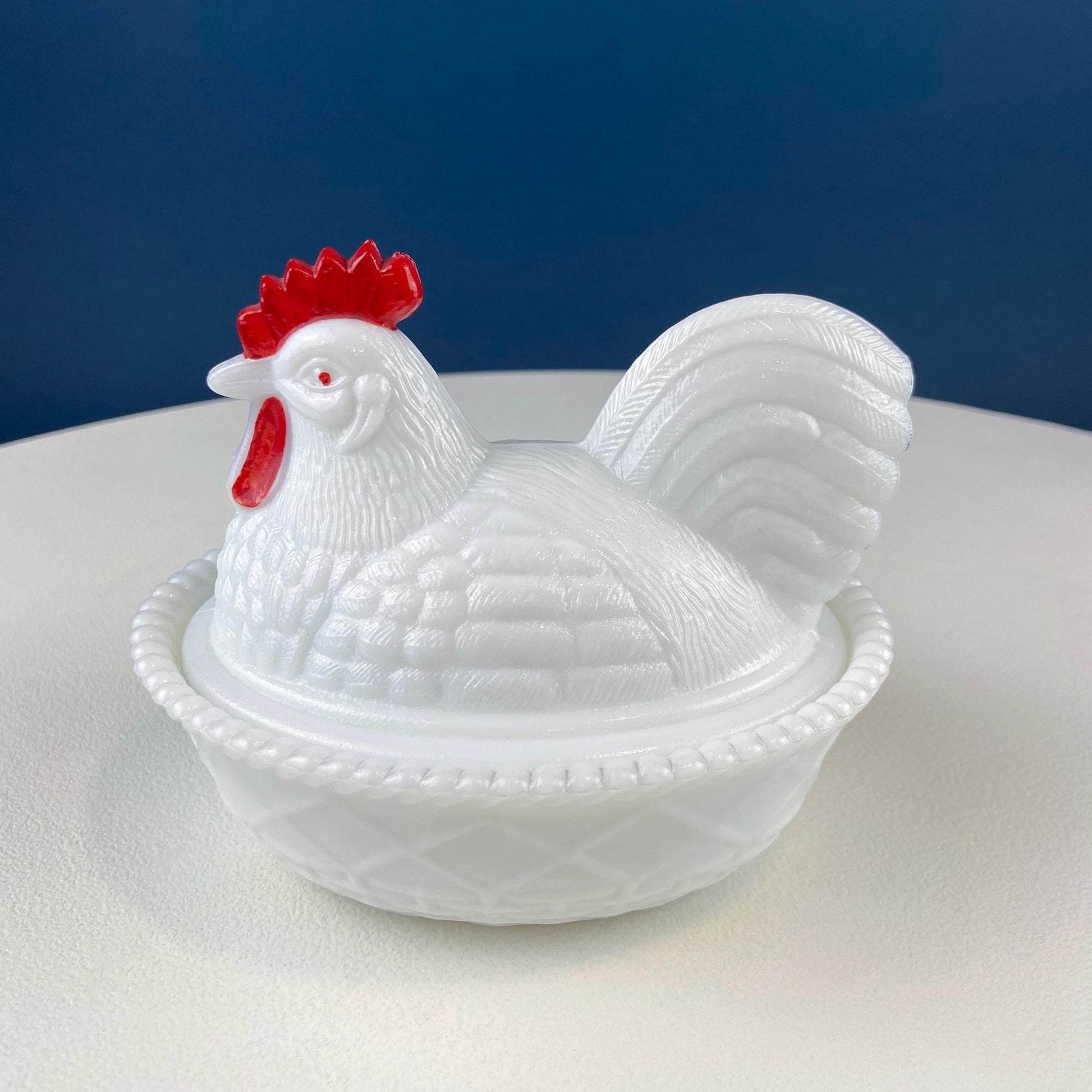 Westmoreland Milk Glass Covered Bowl Shaped Like Rooster on Nest. White Rooster with Red Comb. Lidded Butter Serving Dish. Modern Farmhouse. - Tampa Home & Garden Store