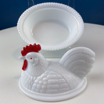 Westmoreland Milk Glass Covered Bowl Shaped Like Rooster on Nest. White Rooster with Red Comb. Lidded Butter Serving Dish. Modern Farmhouse. - Tampa Home & Garden Store