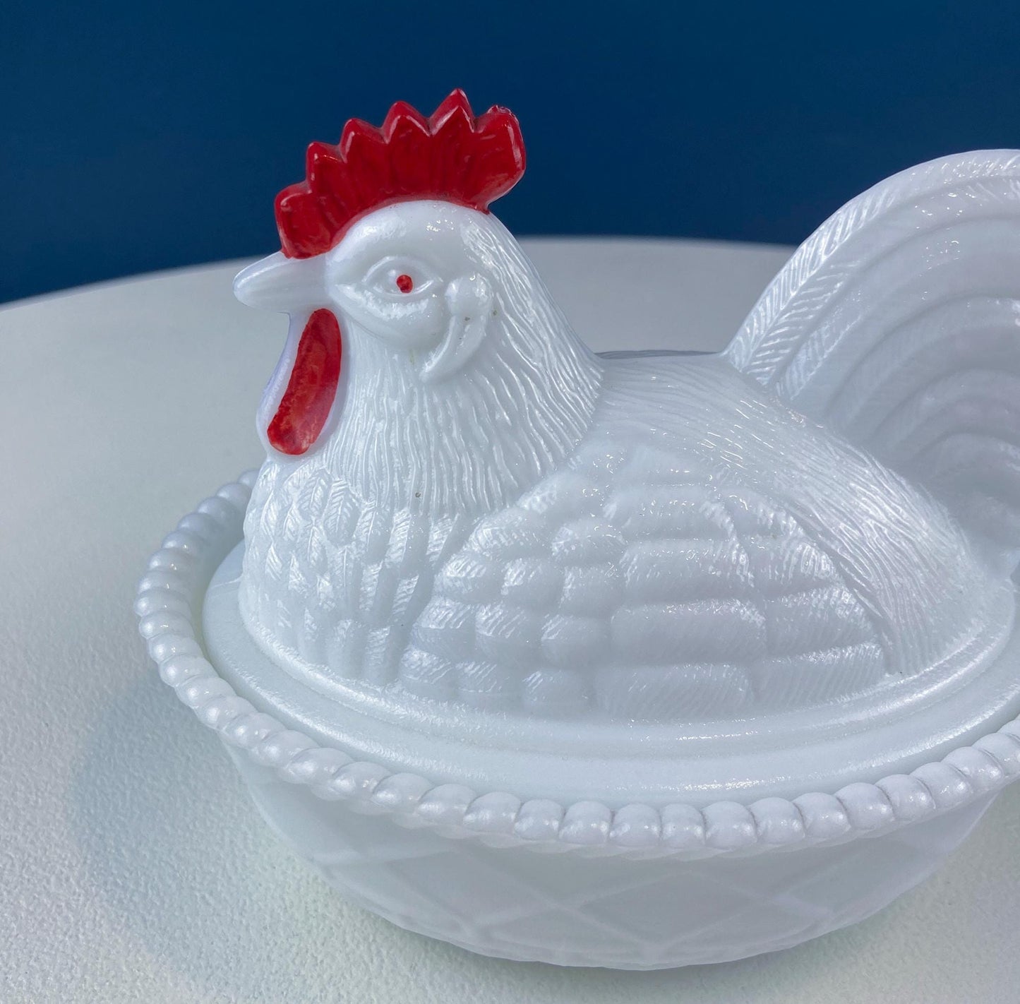 Westmoreland Milk Glass Covered Bowl Shaped Like Rooster on Nest. White Rooster with Red Comb. Lidded Butter Serving Dish. Modern Farmhouse. - Tampa Home & Garden Store
