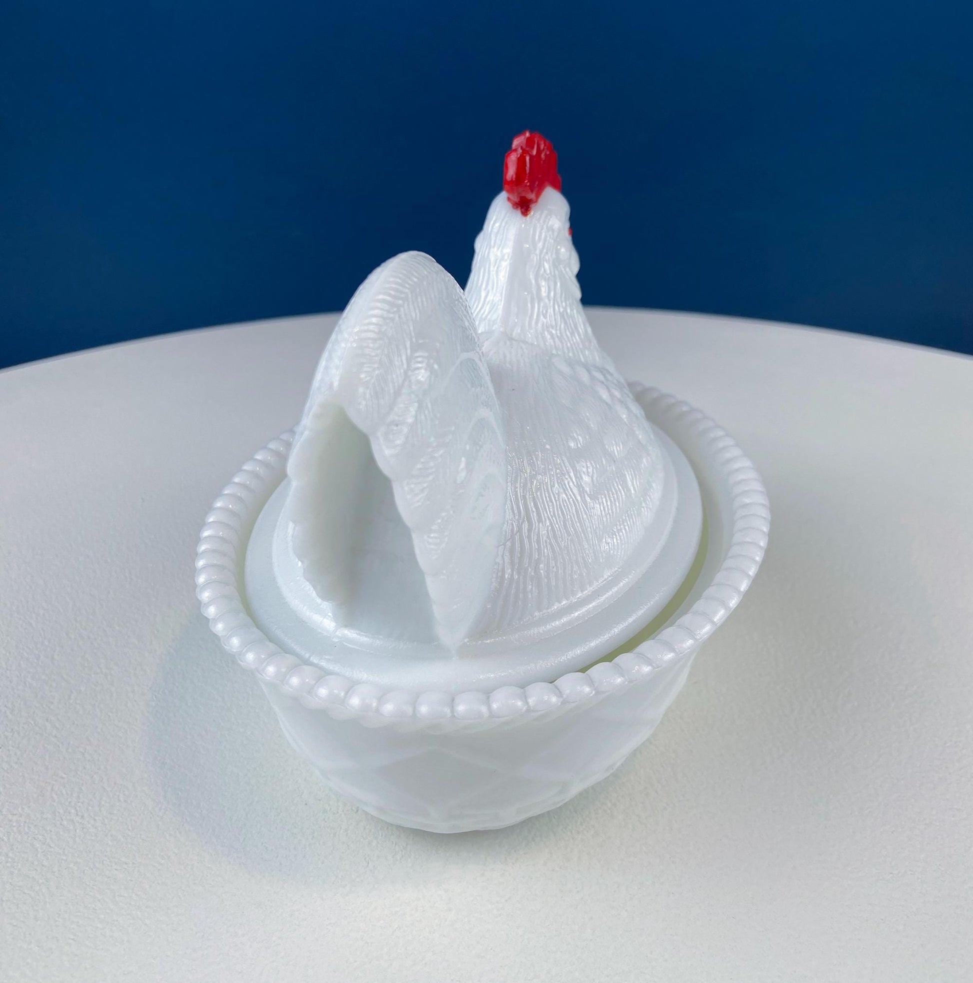 Westmoreland Milk Glass Covered Bowl Shaped Like Rooster on Nest. White Rooster with Red Comb. Lidded Butter Serving Dish. Modern Farmhouse. - Tampa Home & Garden Store