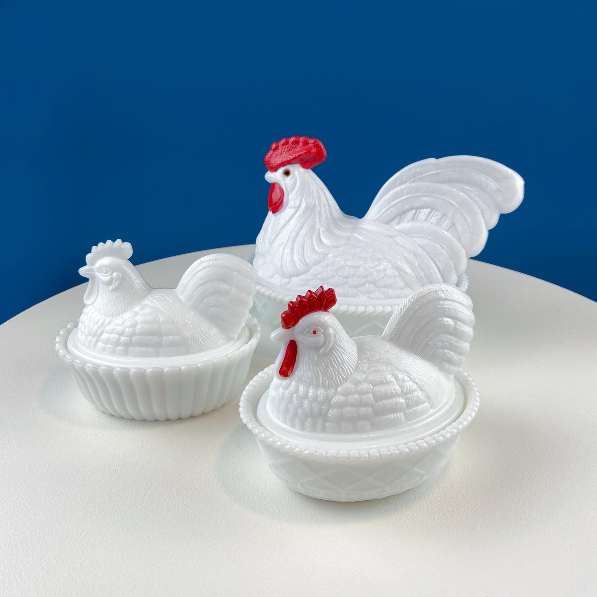 Westmoreland Milk Glass Covered Bowl Shaped Like Rooster on Nest. White Rooster with Red Comb. Lidded Butter Serving Dish. Modern Farmhouse. - Tampa Home & Garden Store