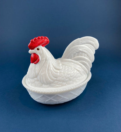 Westmoreland Milk Glass Covered Bowl Shaped Like Rooster on Nest. White Rooster with Red Comb. Lidded Butter Serving Dish. Modern Farmhouse. - Tampa Home & Garden Store