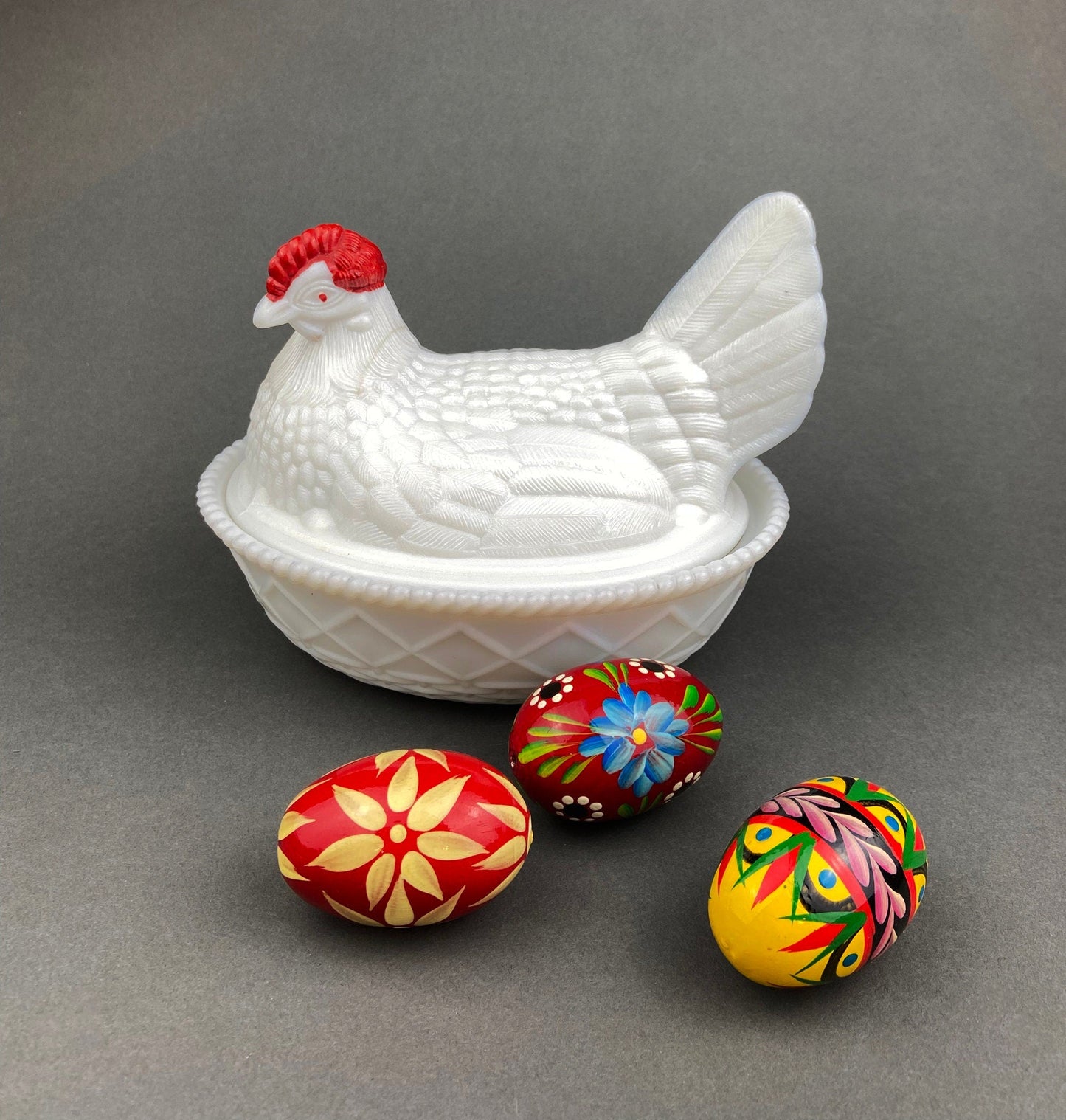 Westmoreland Milk Glass Covered Bowl Shaped Like Rooster on Nest. White Rooster with Red Comb. Lidded Butter Serving Dish. Modern Farmhouse. - Tampa Home & Garden Store