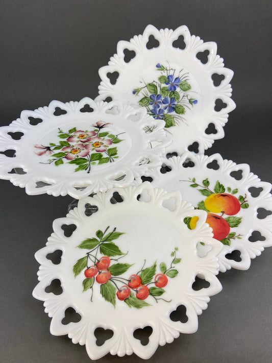 Westmoreland Milk Glass Decorative Plates with Hand Painted Violets,  Cherry Blossom, and Fruit.  Set of Four Plates with Reticulated Rim. - Tampa Home & Garden Store